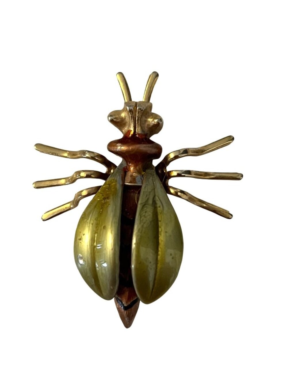 Vintage JJ Jonette Beetle Brooch Gold Tone Green Brown Insect Pin Signed 1.5”